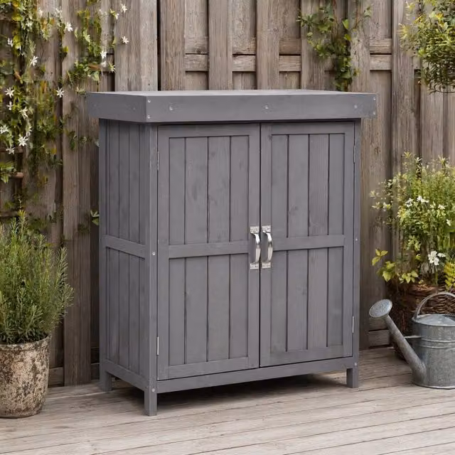 STILVORA Grey Lacquered Garden Storage Cabinet with Hinged Double Doors and Internal Shelves