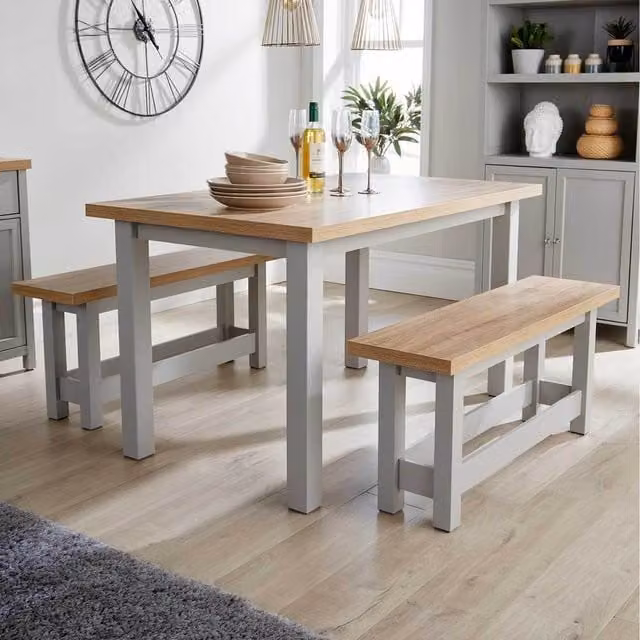Home Source Avon Modern Rectangular Dining Table and Bench Set in Grey
