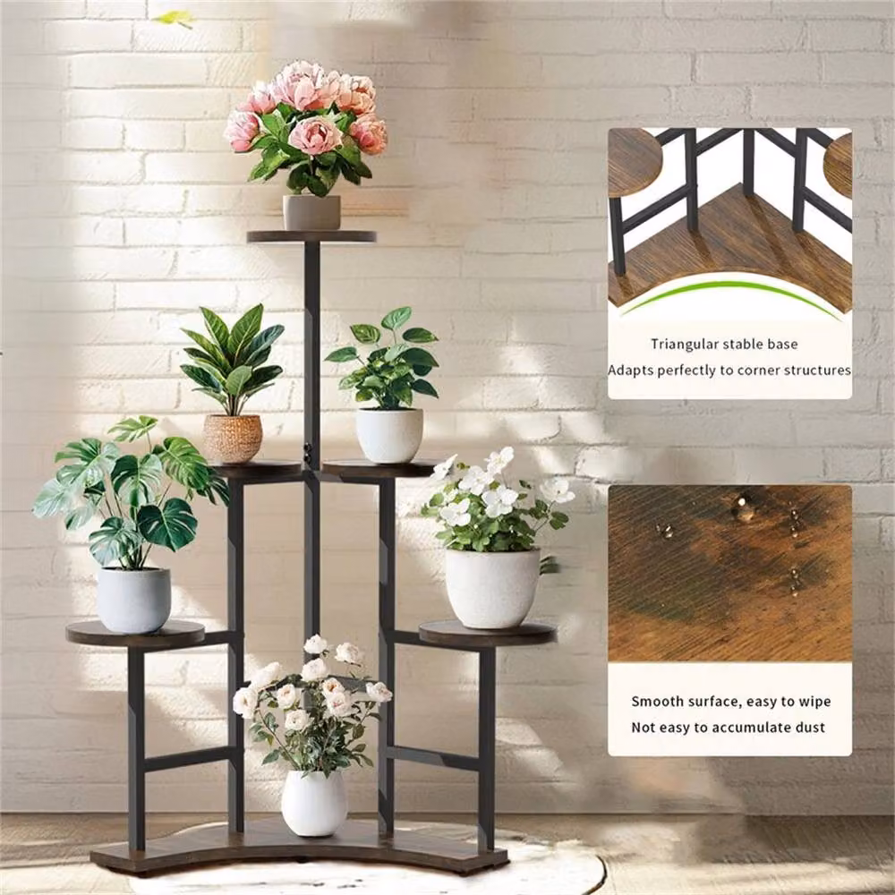 Kelvenix 6-Tier Corner Plant Stand, Brown Metal and Wood Ladder Shelf – 4