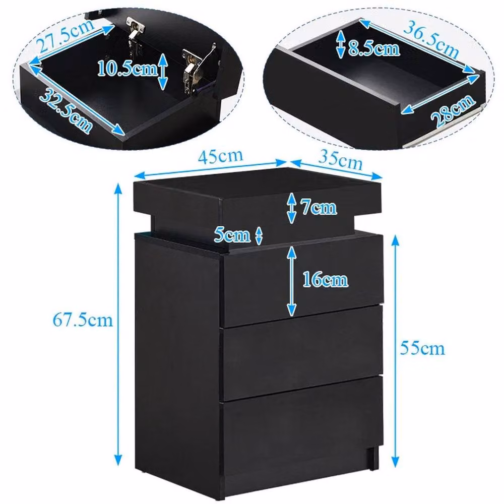 Kelvenix Modern Black High Gloss Bedside Table with Integrated LED Lighting and 3 Drawers – 2