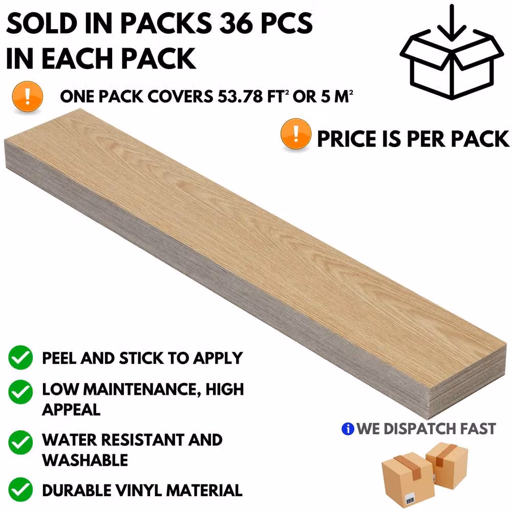 Novecrafto Self Adhesive Wood Look Vinyl Floor Planks, Pack of 36, Brown and Beige, W: 91.4 cm, D: 15.2 cm – 2