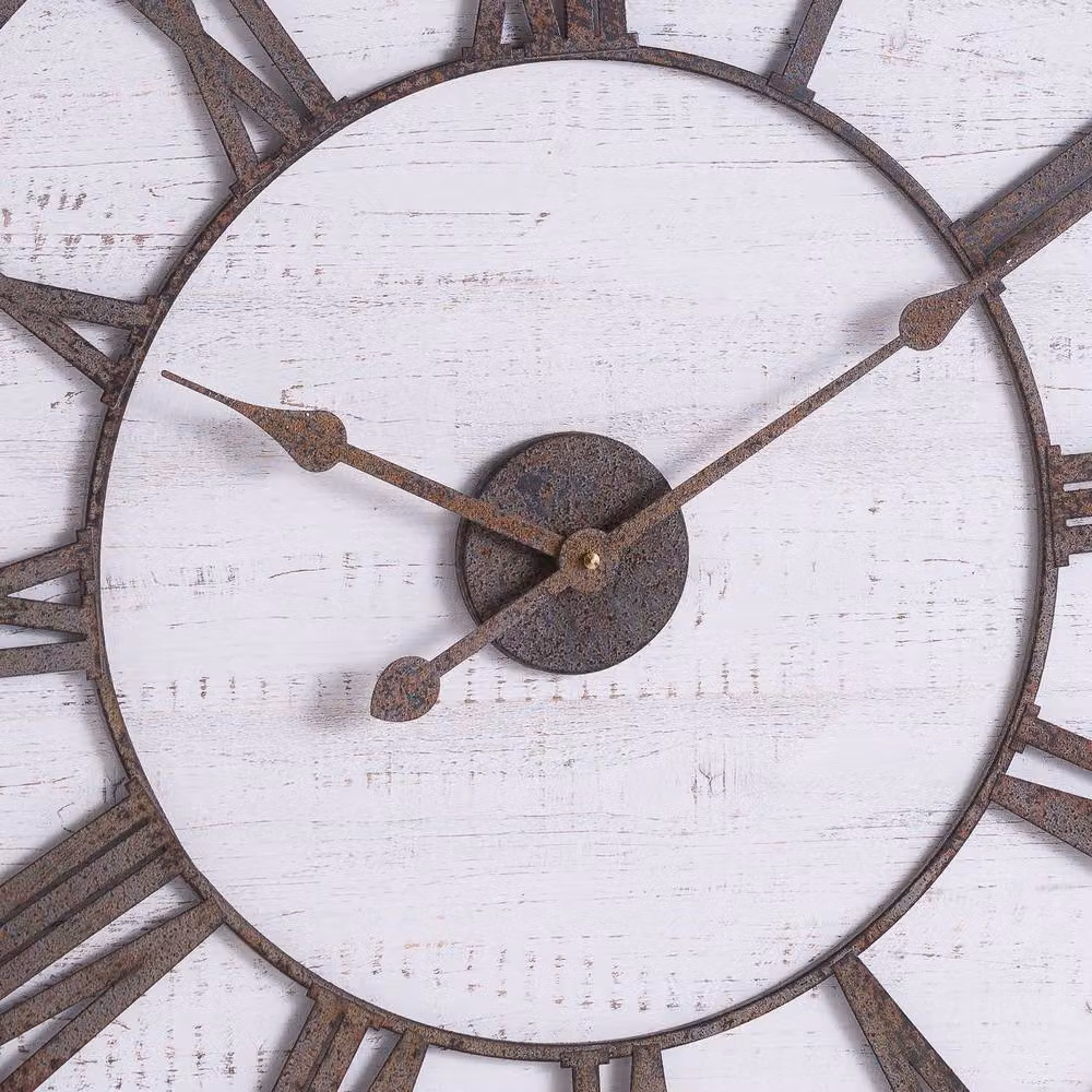 Wyld Haus Rustic Whitewashed Wooden Wall Clock with Bronze Aged Metal Roman Numerals, Diameter: 70 cm, White and Bronze – 3