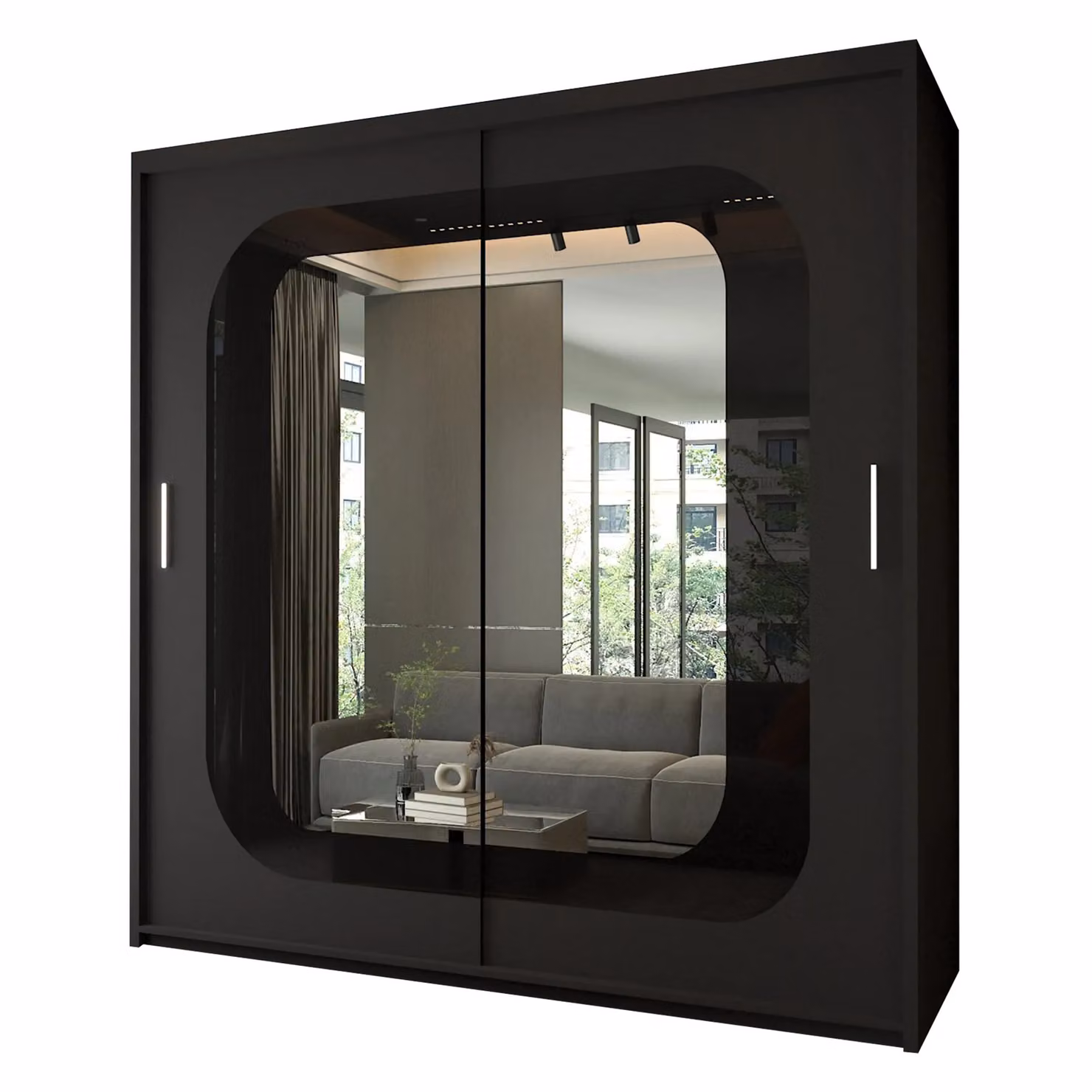 Sliding Wardrobes 4U Modern Double Door Sliding Wardrobe with LED Light, Black, W: 150 cm, H: 217 cm – 2