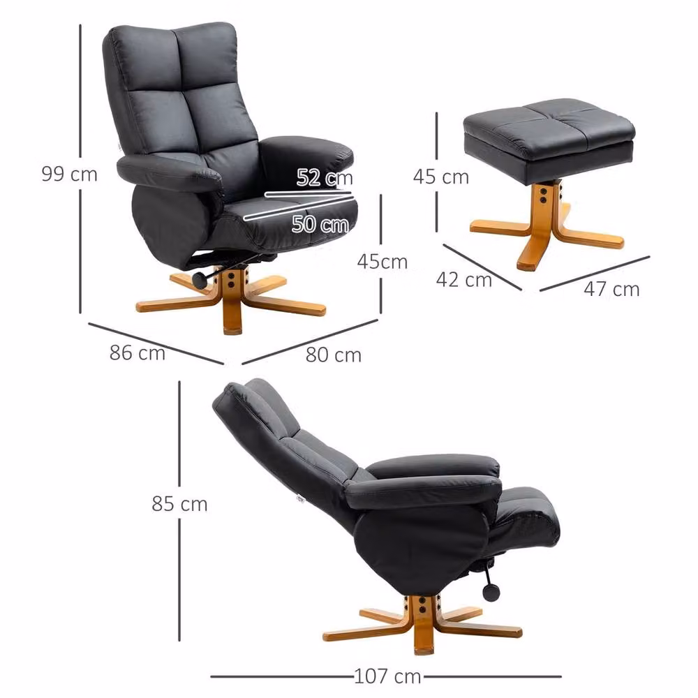 NESTLUNE Black PU Leather Recliner Chair and Footstool Set – 2