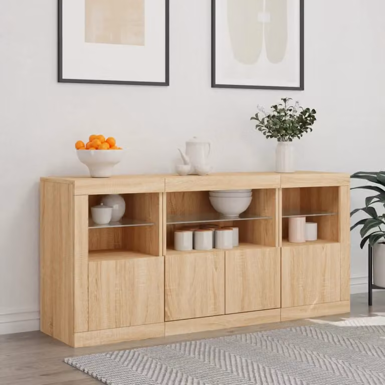 Berkfield Home Modern Sideboard with Integrated LED Lights in Sonoma Oak Brown, W/D/H: 142.5 x 37 x 67 cm