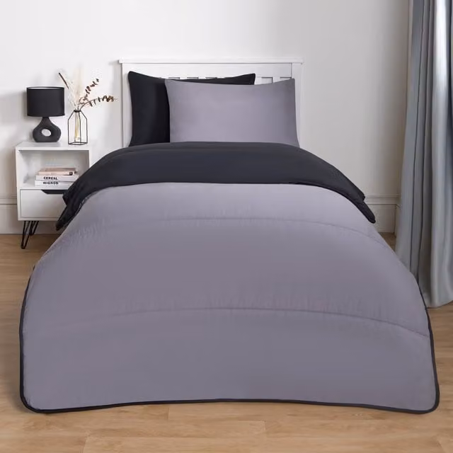 OHS Single Coverless Duvet Set with Pillowcase, 10.5 TOG Reversible Microfibre Quilt in Black and Grey, W/D/H: 135 x 200 cm – 1