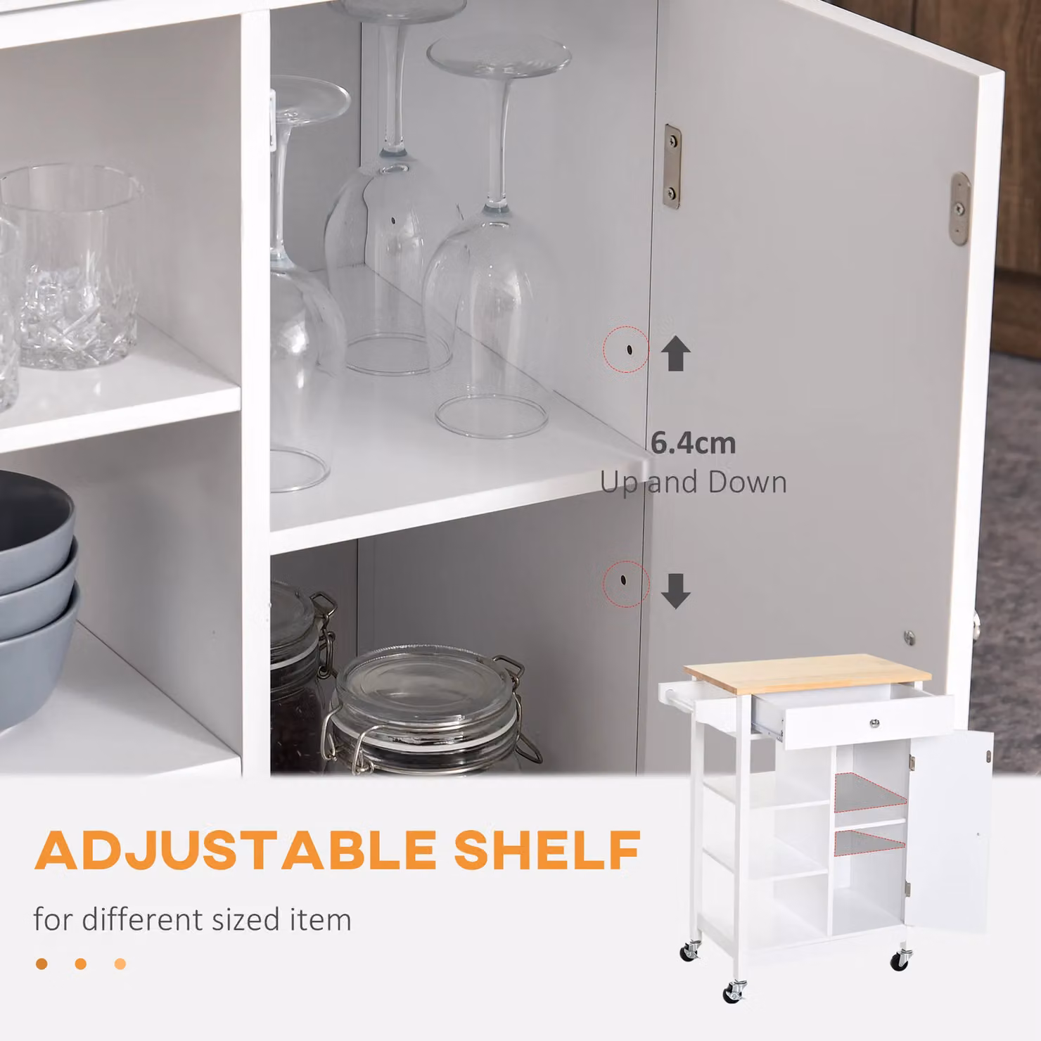 HOMCOM Kitchen Storage Trolley Cart with Wood Top, Shelves and Drawer in White – 5