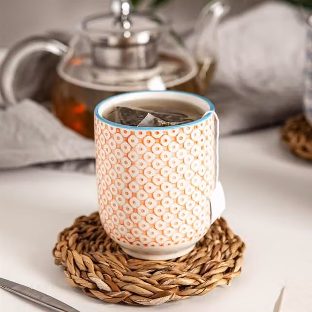 Nicola Spring Floral Hand-Printed Porcelain Tumblers, Pack of 6, Orange, 280ml