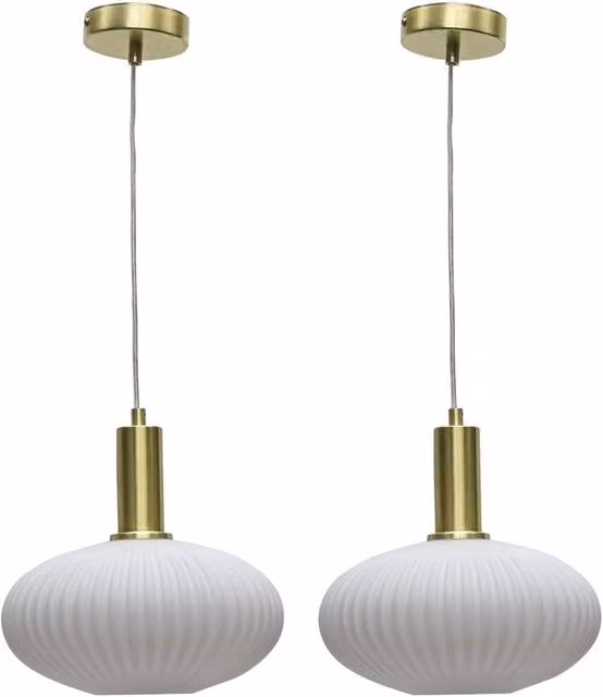 First Choice Lighting Baton Set of 2 Deco Pendant Lights with White Ribbed Oval Glass and Satin Brass Finish – 1