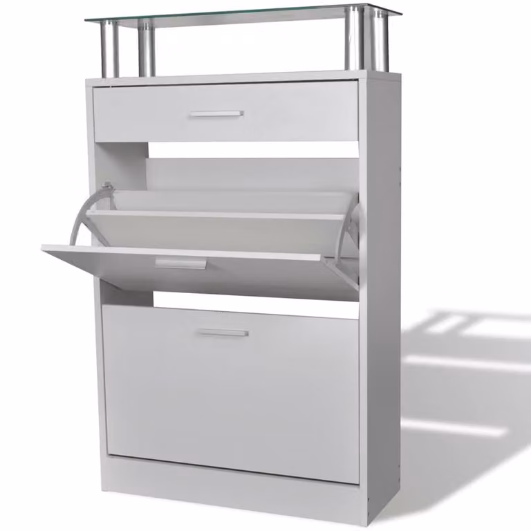 Berkfield Home Modern White Wood Shoe Cabinet with Drawer and Glass Top Shelf, W/D/H: 63 x 24 x 104 cm