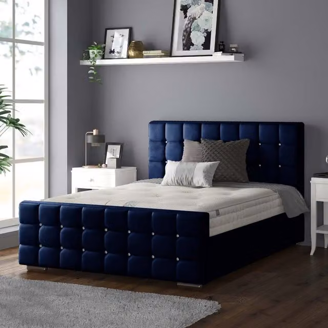 IH Design Chesterfield Upholstered Velvet Bed Frame in Blue, W/D/H: 180 x 200 cm