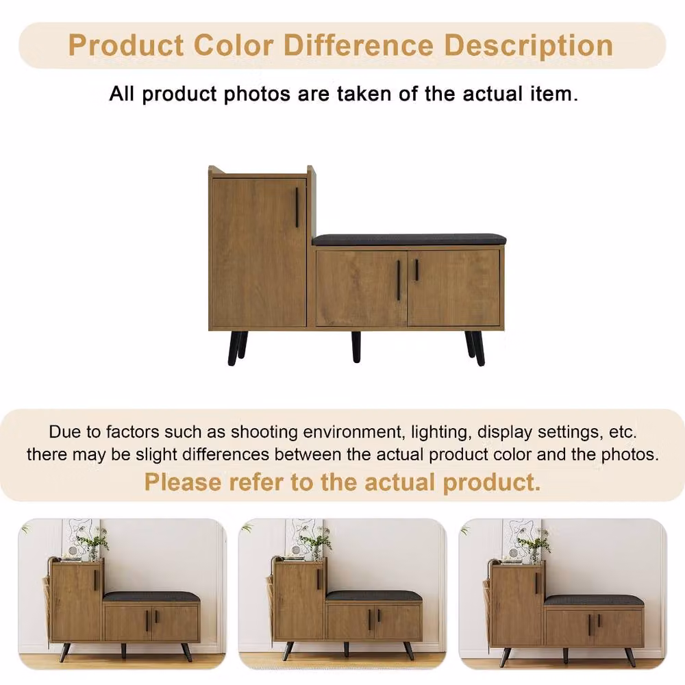 Rolipo Modern Natural Shoe Bench with Seat and Adjustable Storage Cabinet in Brown – 3