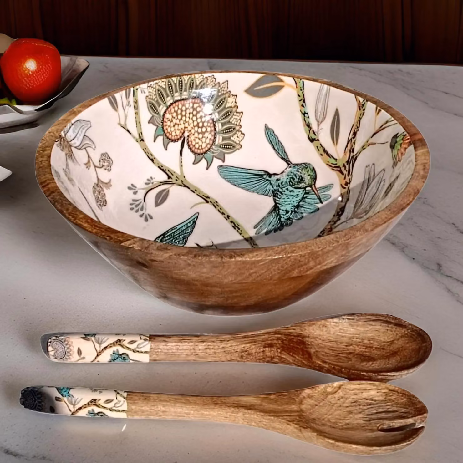 Hartsmede Hummingbird Medium Wooden Serving Bowl with Spoons in Natural Brown and Sand – 5