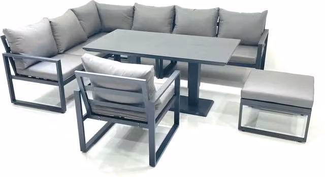 Fimous Aluminium Outdoor Garden Furniture Set in Dark Grey with Adjustable Height Dining Table, Corner Sofa, Big Footstool and Chairs
