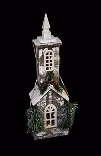 Shatchi Christmas Wooden House Tabletop Centrepiece in Green and White with Berries, Pines and 10 Warm White Bulbs, Height: 52 cm – 6