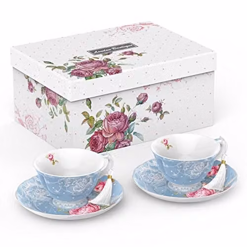London Boutique Blue and White Floral Porcelain Tea Cup and Saucer Set with Tassel