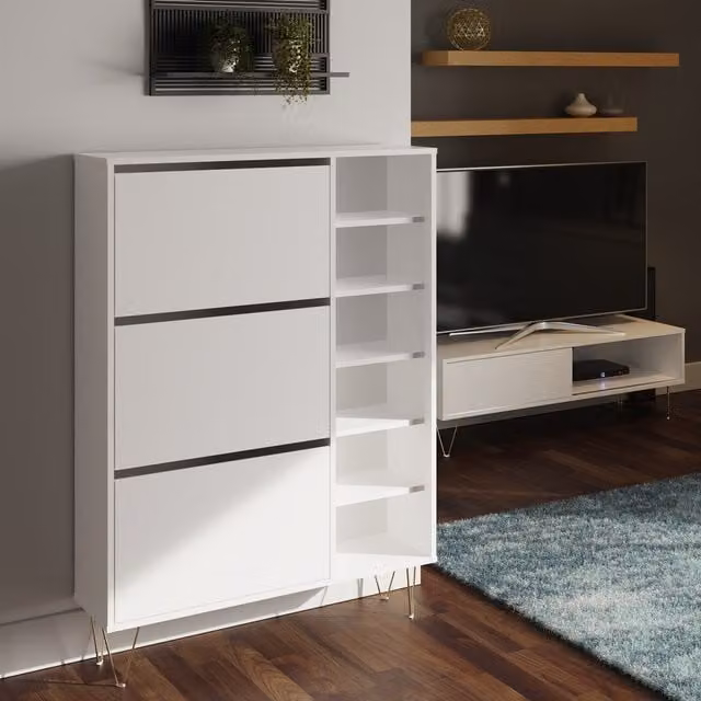 Timber Art Design Monaco Modern White and Gold 3 Drawer Shoe Cabinet H 90 cm x W 127.5 cm x D 24 cm – 1