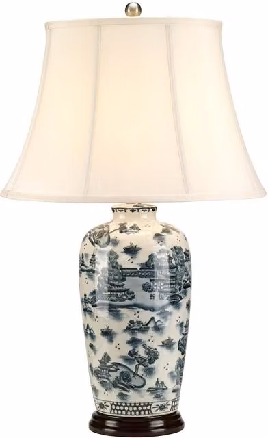 Loops Blue and White Ceramic Table Lamp with Wood Base and Beige Fabric Shade, E27 60W LED Compatible, Height: 73 cm