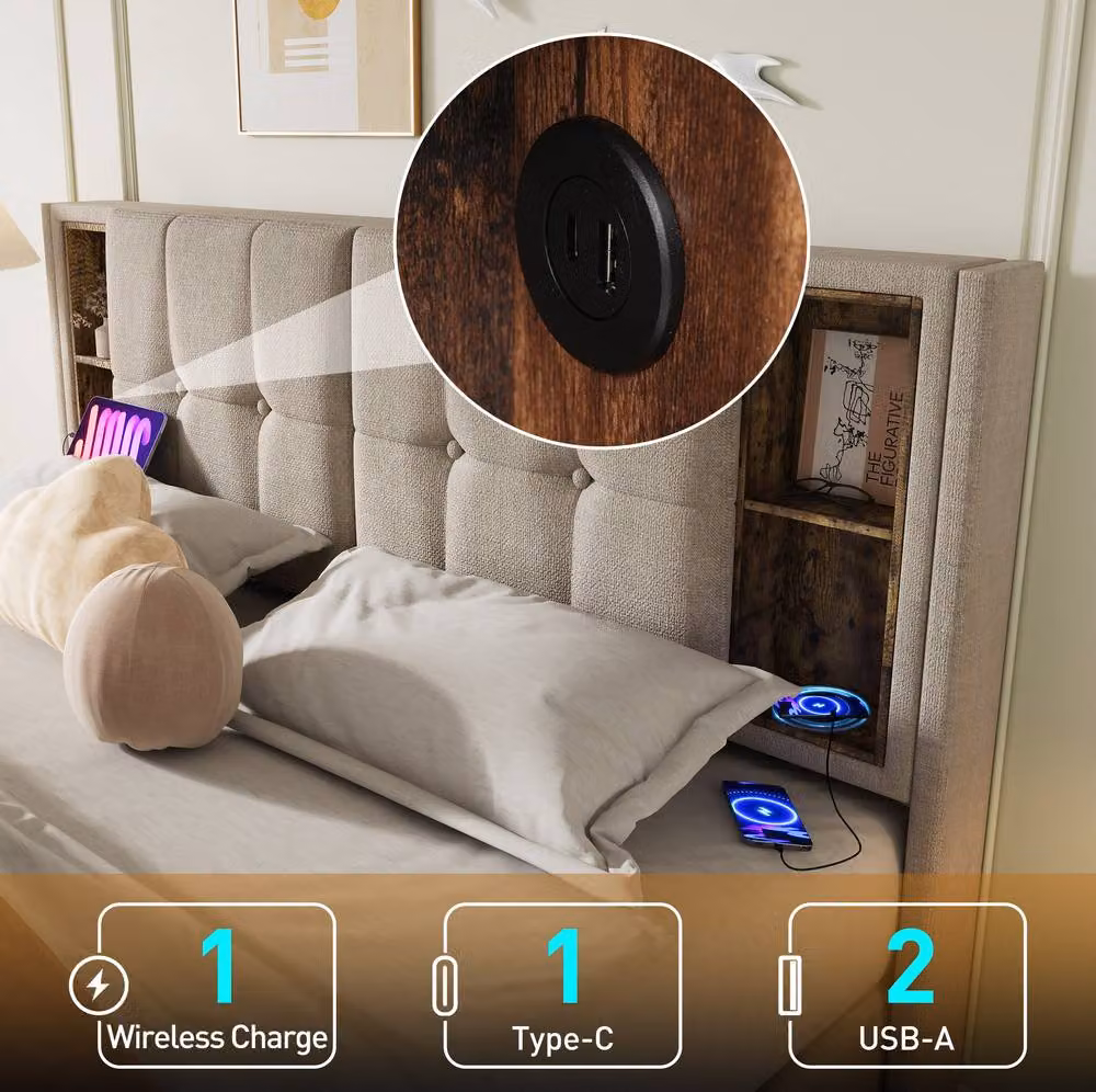 STILVORA Super King Upholstered Bed with Storage and Wireless Charging in Sand – 3