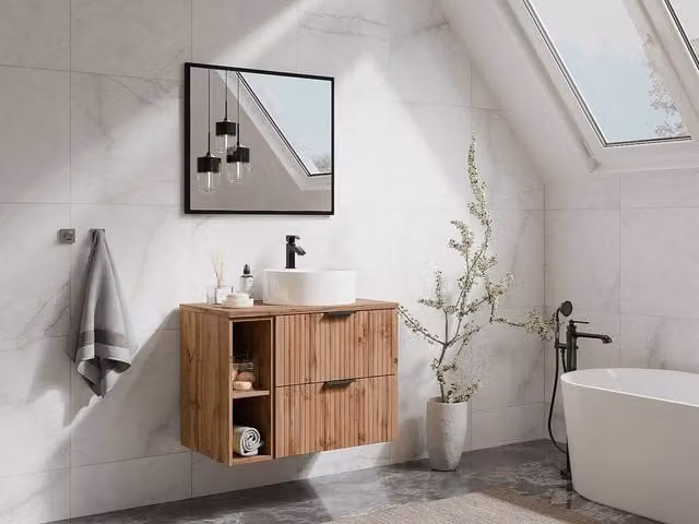 Vente-unique Suspended Striped Bathroom Vanity Unit with Niches and Round Design in Light Oak