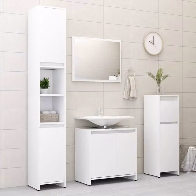 Berkfield Home Modern 3 Piece White MDF Bathroom Furniture Set Including Vanity Unit, Wall Cabinet and Mirror Cabinet