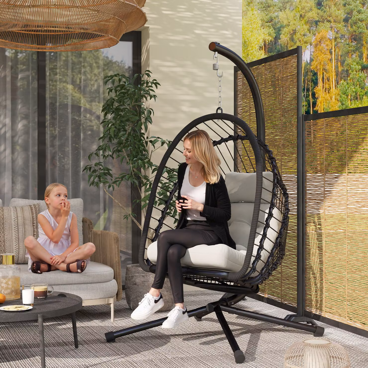 Outsunny Black PE Rattan Egg Swing Chair with Metal Stand, Cushions and Adjustable Headrest for Indoor and Outdoor Use – 2