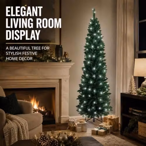 Shatchi Green Slim Pencil Artificial Christmas Tree with Cool White LEDs and Metal Stand, Height: 2.4 m – 5