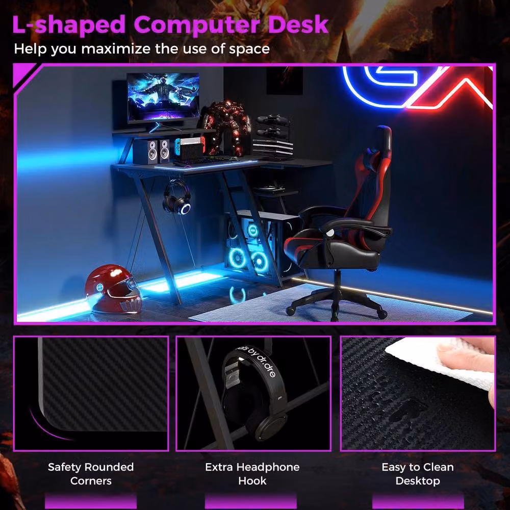 Costway L-Shaped Gaming Desk in Black with USB Ports and Outlets – 4
