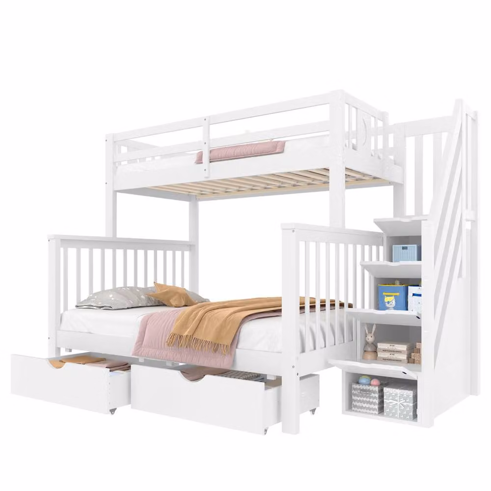Matteo Children's Double High Sleeper Bunk Bed in White Solid Wood with Stairs and Drawers – 2