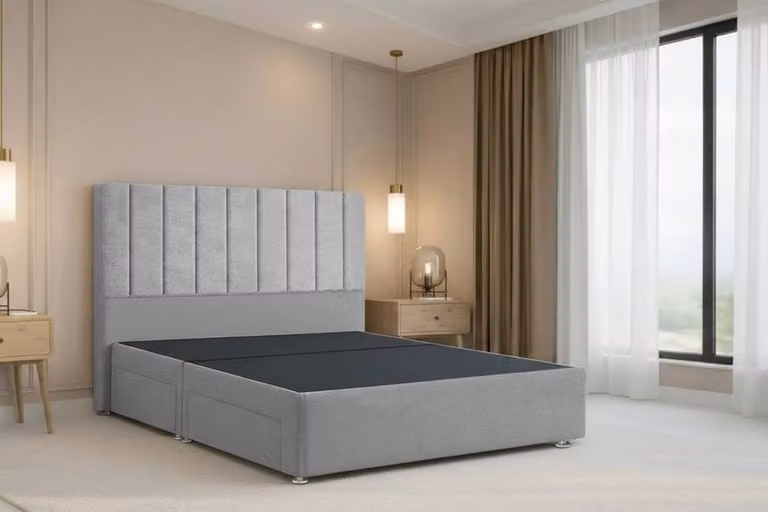 Chester & Oakley Lunar Plush Divan Bed Base with 54 inch Headboard in Silver, Small Double, W/D/H: 120 x 200 cm