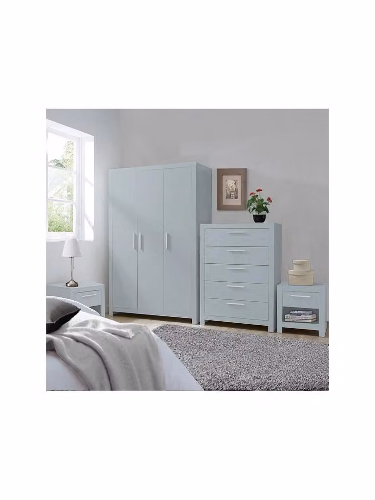 Rio 4 Piece Bedroom Furniture Set in Grey, including 3 Door Wardrobe, 5 Drawer Chest and 2 Bedside Chests