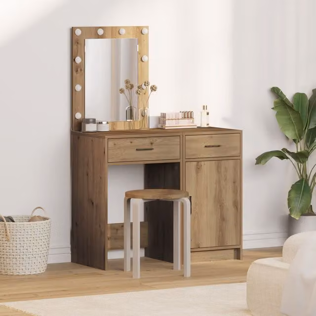 Berkfield Home 2-Piece Hollywood LED Dressing Table Set in Artisan Oak Brown – 1
