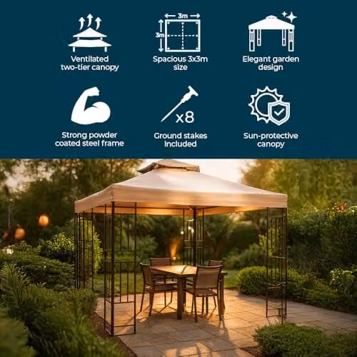 Jack Stonehouse Outdoor Steel and Polyester Gazebo with 2 Tier Roof, Mediterranean Beige – 2