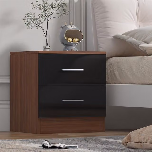 Reflect 2 Drawer Bedside Table in Black Gloss and Walnut, H 48.5 x W 45 x D 39.5 cm – 1