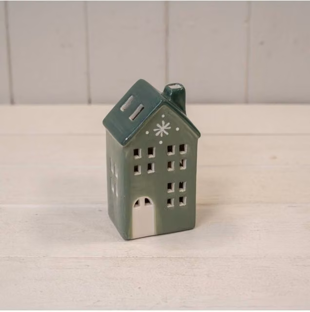KDMD Green Ceramic LED Christmas House with Single Snowflake and 6-Hour Timer