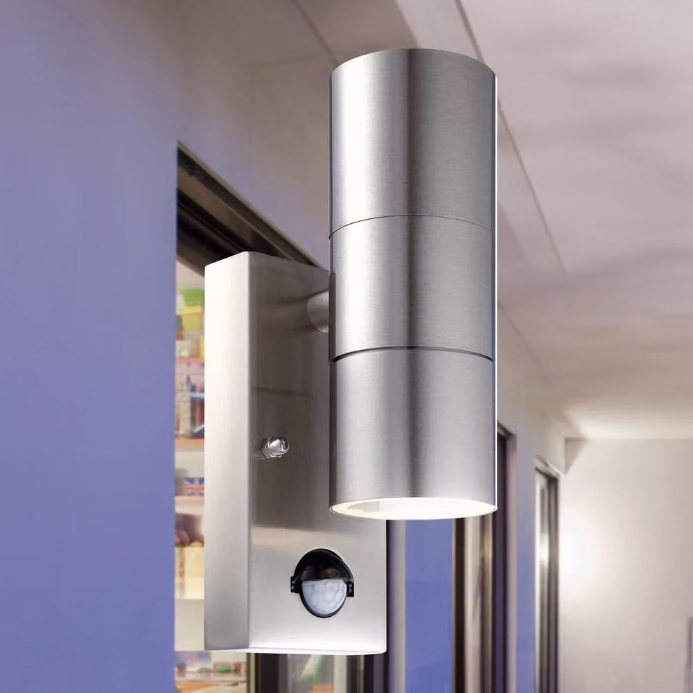 First Choice Lighting Blaze Set of 2 Silver Stainless Steel Motion Sensor Wall Lights – 4