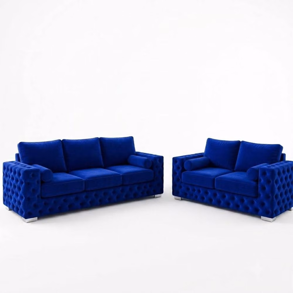 Stratus Interiors Ashley Full Back Chesterfield Upholstered Fabric 2 and 3 Seater Sofa Set in Blue – 2