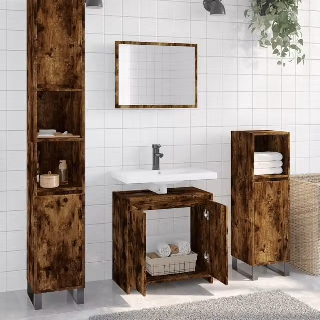 Berkfield Home 2 Piece Industrial Bathroom Furniture Set in Smoked Oak Brown, featuring a Vanity Unit and Mirror Cabinet – 1
