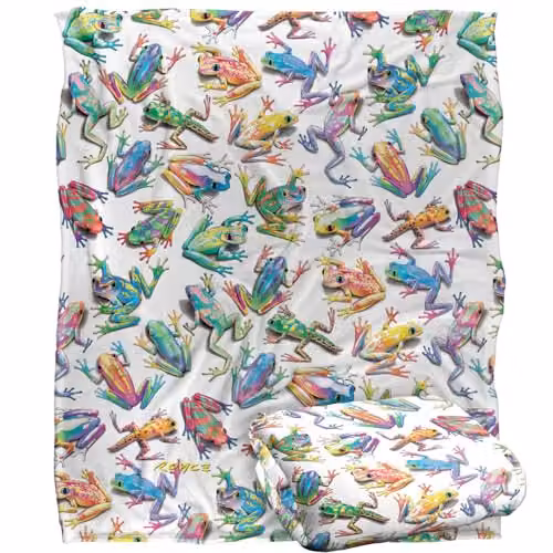 JQ Licensing Royce Mcclure Sticky Fingers Frog Pattern Super Soft Fleece Throw Blanket, White and Multicolour, W/D/H: 152 x 127 cm