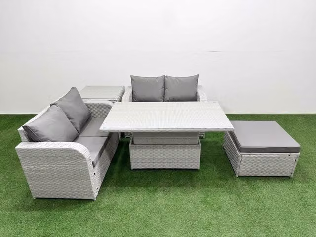 Fimous 5 Seater Rattan Garden Furniture Set in Light Grey with Upholstered Cushions, Coffee Table and Ottoman