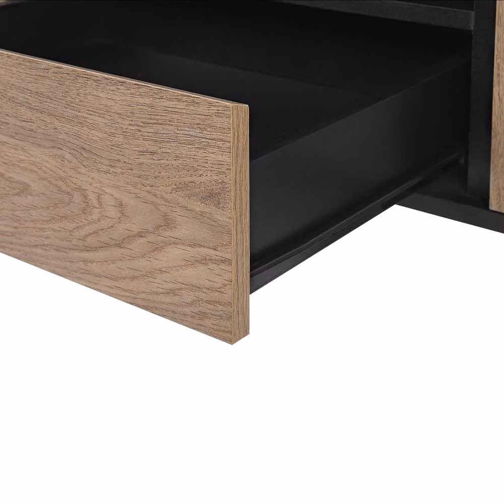 Wyld and Coco Scandinavian Style 76-Inch TV Stand in Brown with Black Metal Legs, featuring 1 Drawer and 2 Cabinets – 3