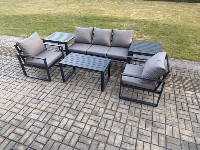 Fimous Dark Grey Powder Coated Aluminium Garden Furniture Set with 3 Seater Sofa, 2 Armchairs, Oblong Coffee Table and 2 Side Tables
