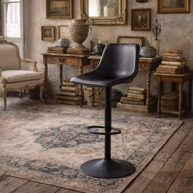 Wyld Haus Bogense Black and Beige Faux Leather Swivel Bar Stool with Geometric Zigzag Stitching – 1