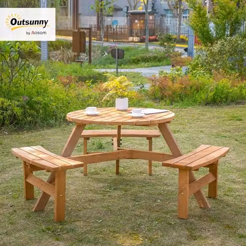 Outsunny 6-Seater Lacquered Wood Round Garden Dining Set in Red and Brown – 2