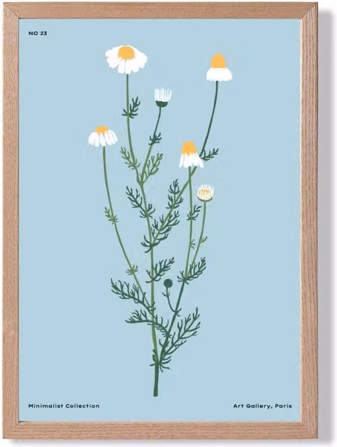ARTZE Blue Daisies Flower Market Minimalist Framed Print, Oak Frame, W: 21.0 cm, H: 29.7 cm