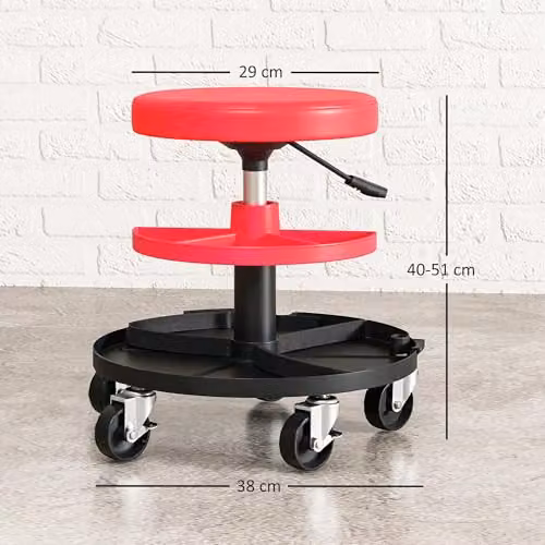 HOMCOM Rolling Mechanic Stool in Red with Castors and Synthetic Leather Seat – 3