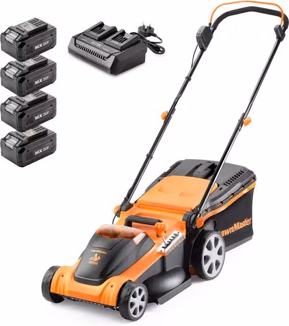 LawnMaster 48V 41cm Cordless Lawnmower in Orange with Spare Battery, Collection Bag and Mulching Kit