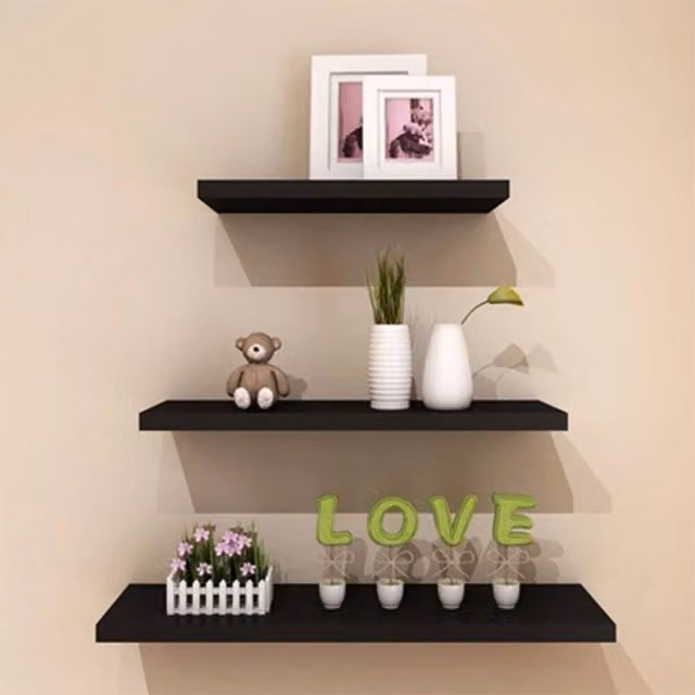 SPETLEK Set of 3 Black Matt Floating Wall Shelves, W/D/H: 50 x 15 x 1.5 cm, 40 x 15 x 1.5 cm and 30 x 15 x 1.5 cm