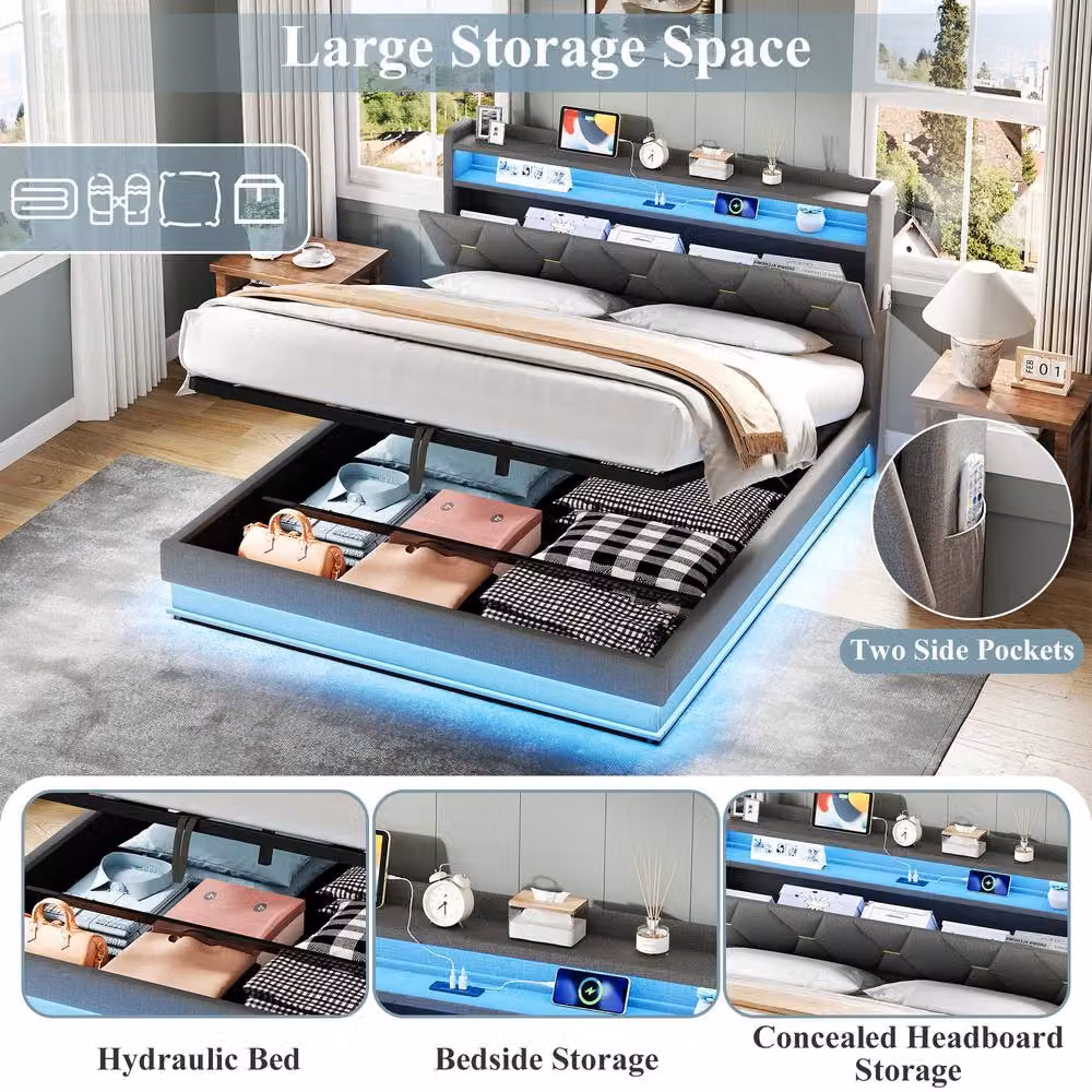 Rolipo Double Upholstered Bed Frame in Grey with Hydraulic Storage, LED Lighting and USB Charging Port – 5