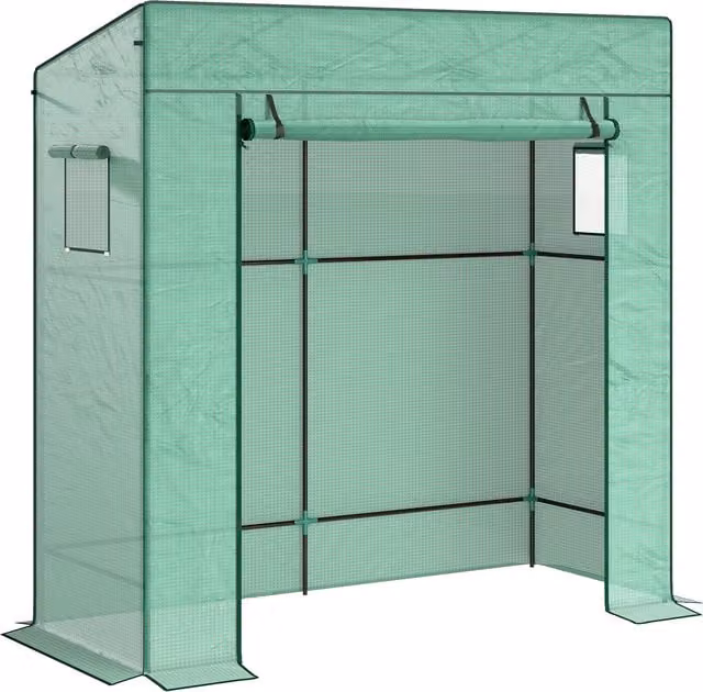 Outsunny Lean-to Walk-In Greenhouse with Plastic Cover and Windows in Green – 1